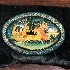 Vintage Hand Painted Russian Folk-art Lacquered Brooch with Fairy Tale Scene